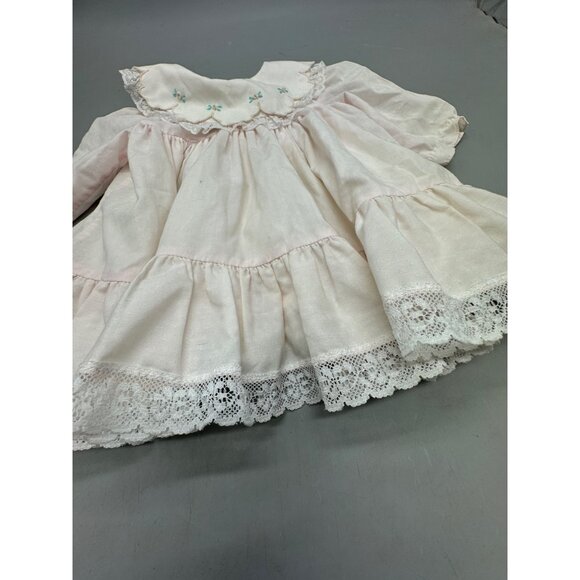 Vtg Baby Girl Pink Dress Collar Lace Trim Long Sleeves Ruffle Hem 6-12 Months - Picture 6 of 8